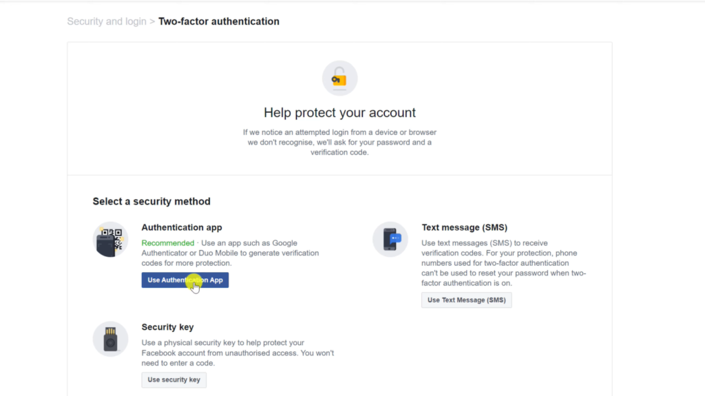 A screenshot of a two-factor authentication settings page recommending an authentication app