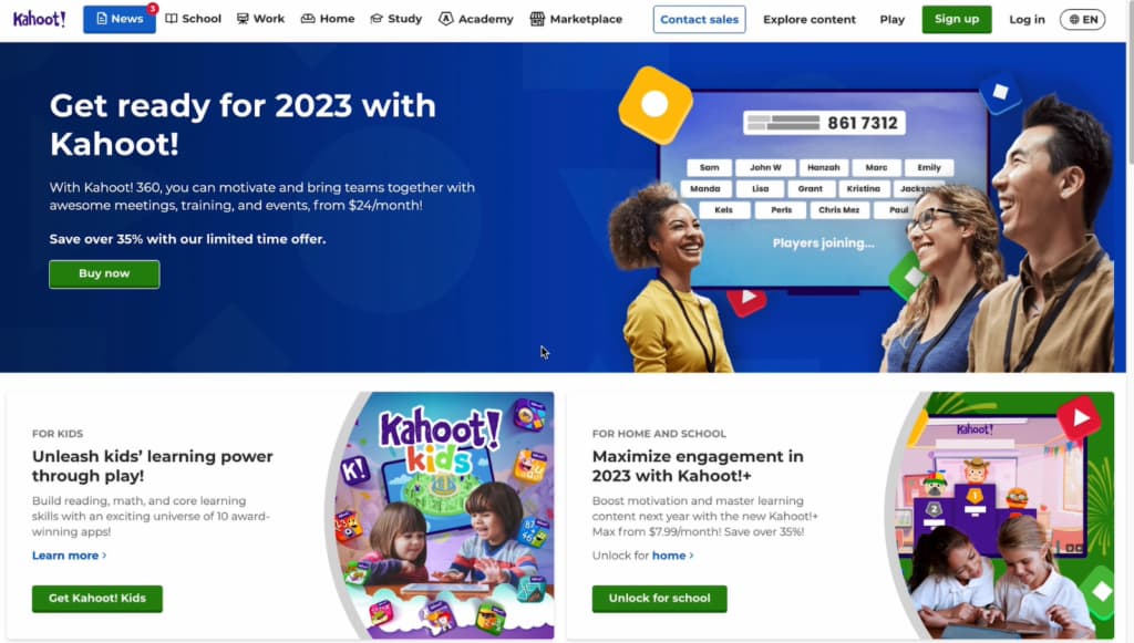 Kahoot!'s homepage featuring promotional information and a smiling group of users