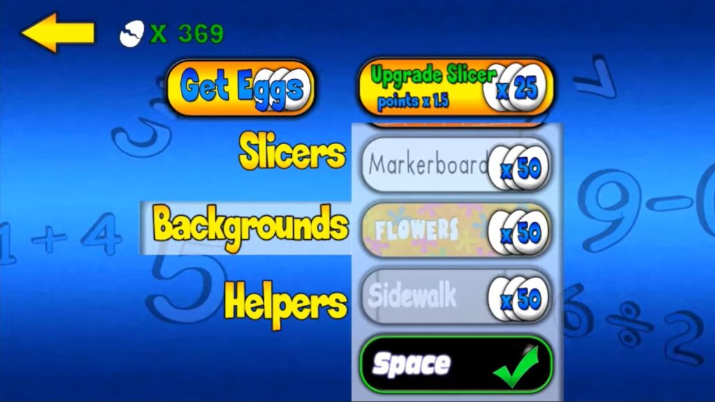 A game interface showing options for eggs, slicers, and backgrounds