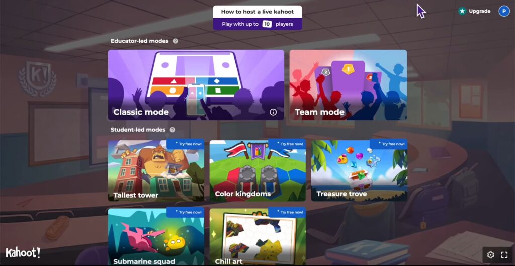 A screenshot showing the selection of game modes on the Kahoot! platform interface